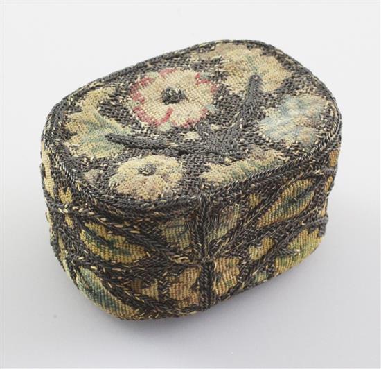 A Charles II silver thread and needlework small box, c.1680, 2.75in.